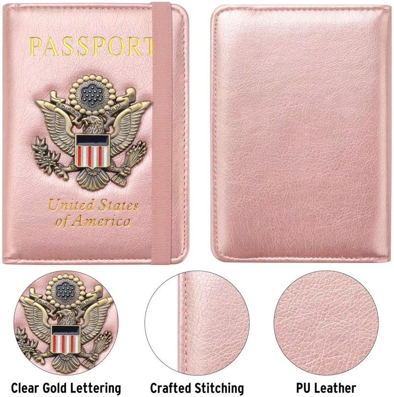 FACATH Passport Holder for Travel Passport Cover for Men Passport Wallet Case with Metal Badge Protector Leather Card Case RFID Blocking Women Travel Accessories Document Organizer (Rose Gold) - Image 4